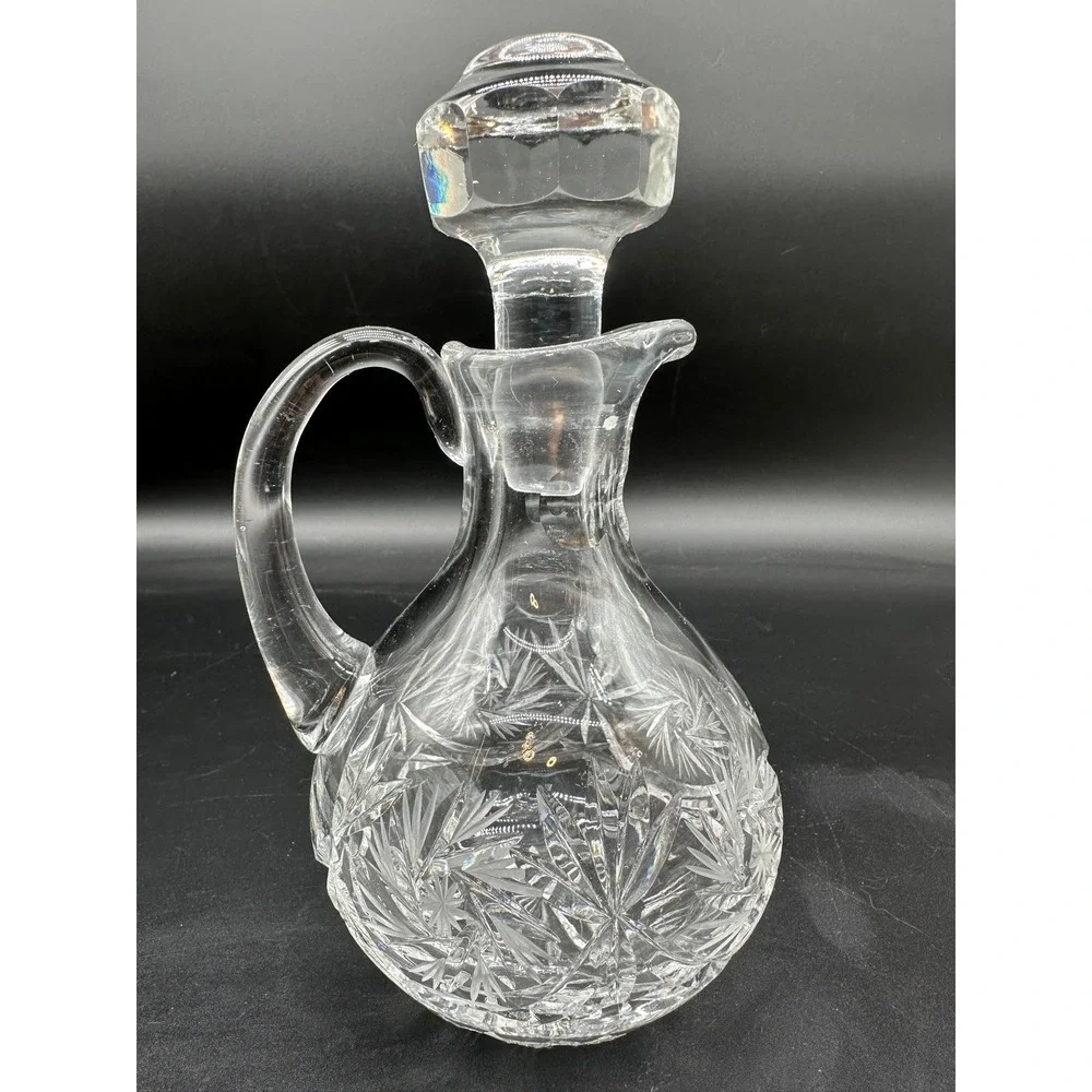 Vintage‎ Cut Glass Cruet Starburst Pattern Clear Decanter with Stopper